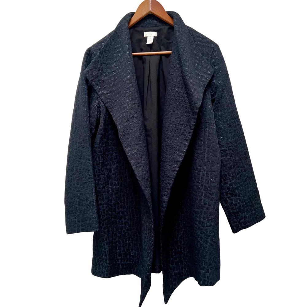 Chicos Textured Black Jacquard Open Front Duster Coat Jacket Size 2 Large